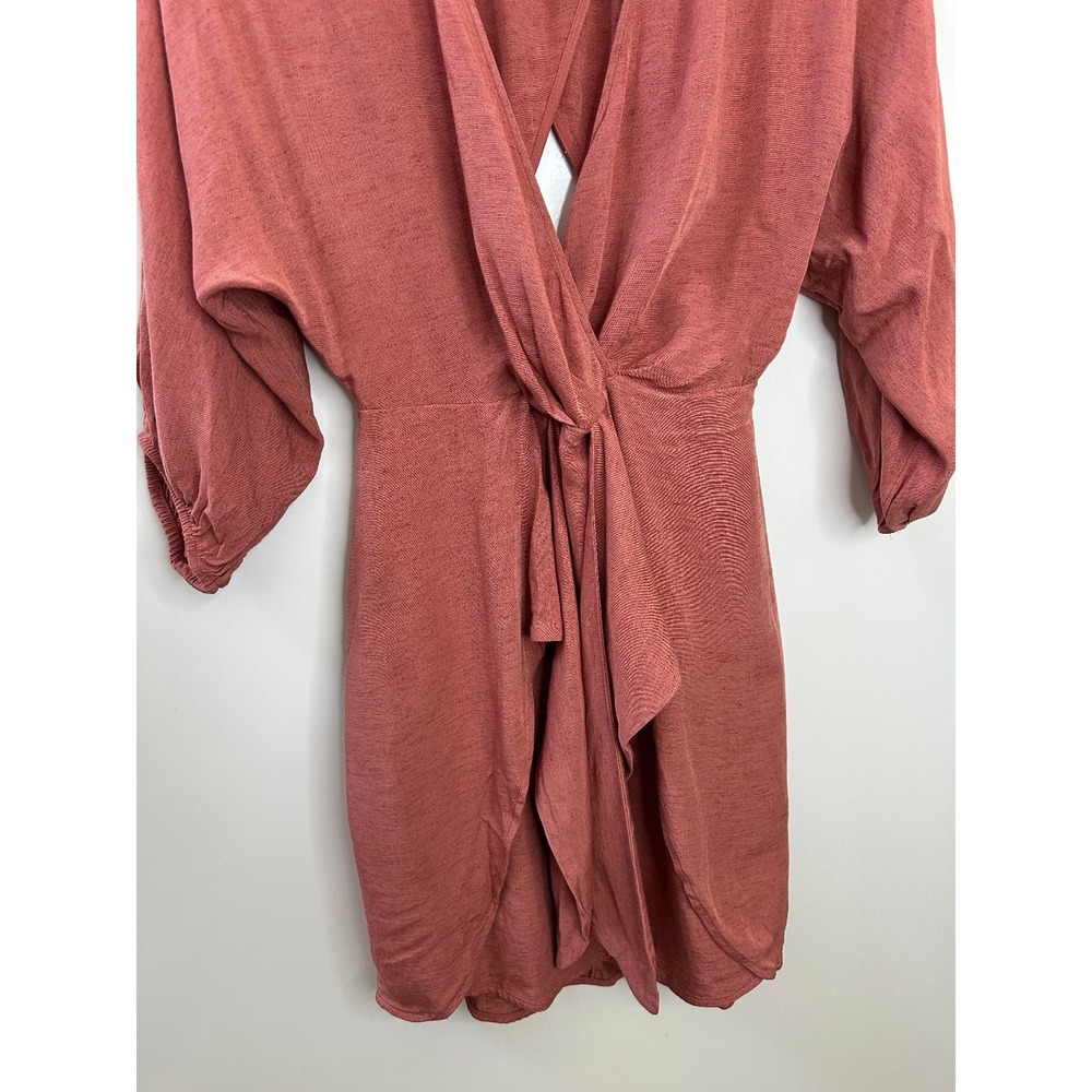 Anthropologie Tie-Front Wrap Mini Dress Size 8 Rust Viscose Linen 3/4 Sleeves - Picture 5 of 16